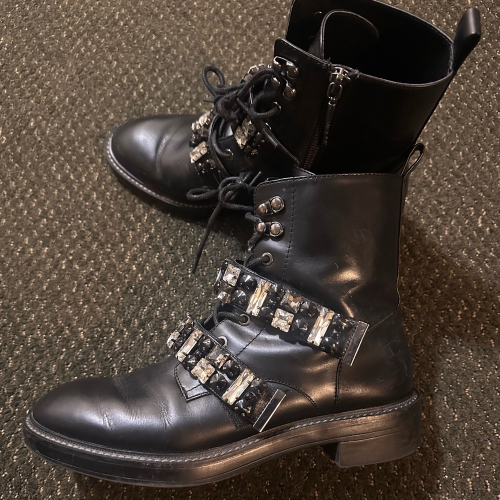 ZARA Black Leather Jewell-Embellished Combat Boots Size 39 (8.5)